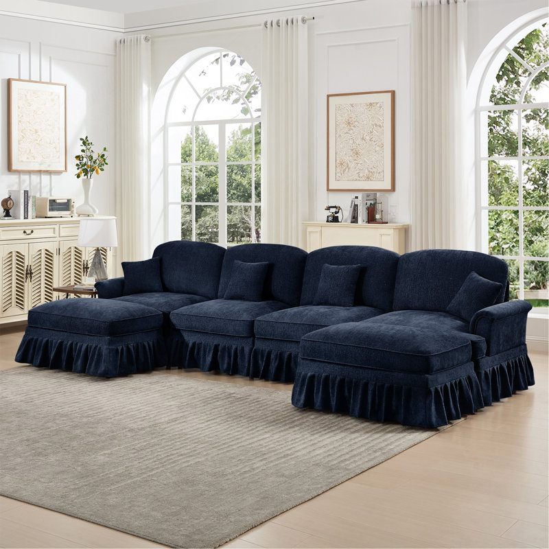 Canapé modulaire classique à 4 places modulaire en U avec accoudoirs évasés et volants amovibles, jupes plissées et pieds fuselés, canapé en nuage à assise profonde en chenille avec repose-pieds mobiles, bleu