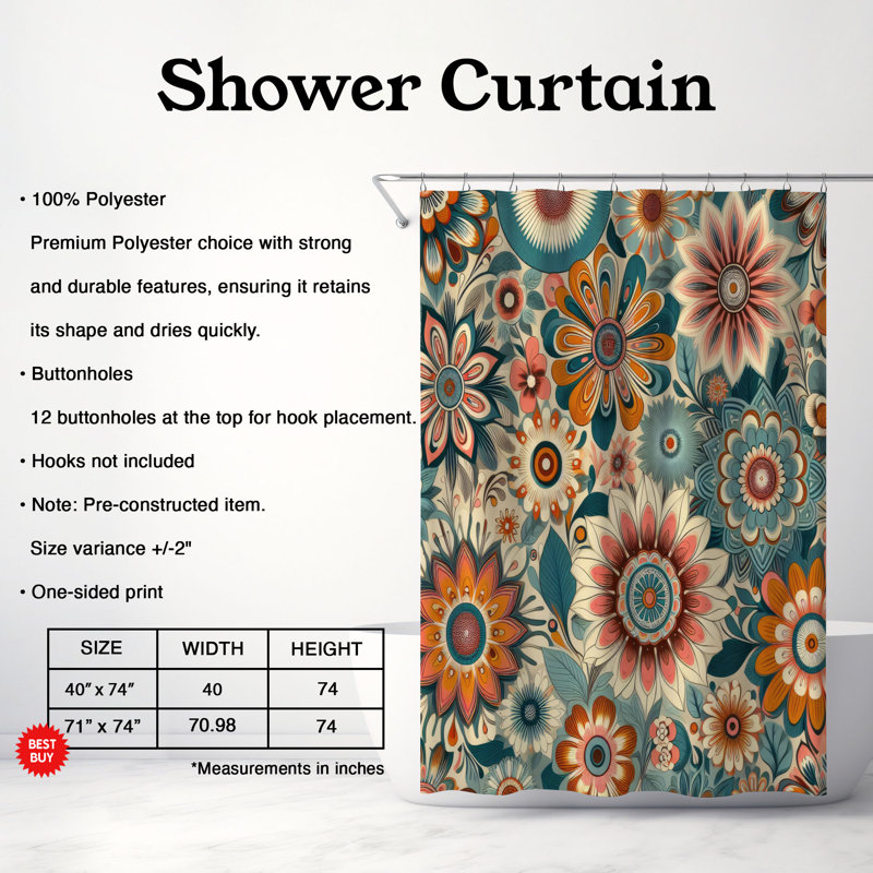Rideau de douche standard 1 pièce Retro Boho Blooms, H 74 po x l 71 po
