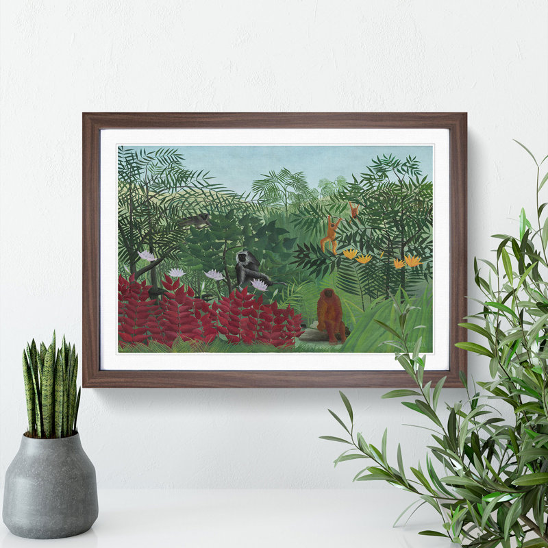 Tropical Forest with Monkeys by Henri Rousseau - Picture Frame Painting, 36cm H x 48cm W x 2cm D, Walnut