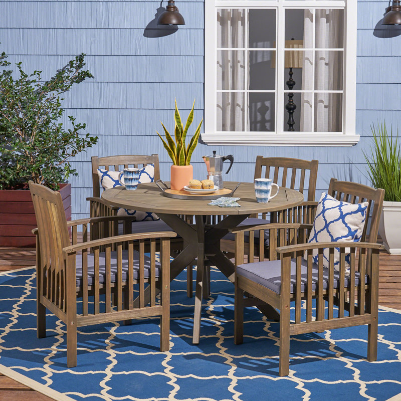 Tinnin 4 - Person Acacia Wood Patio Dining Set with Round Table , Cushions Included, Purple