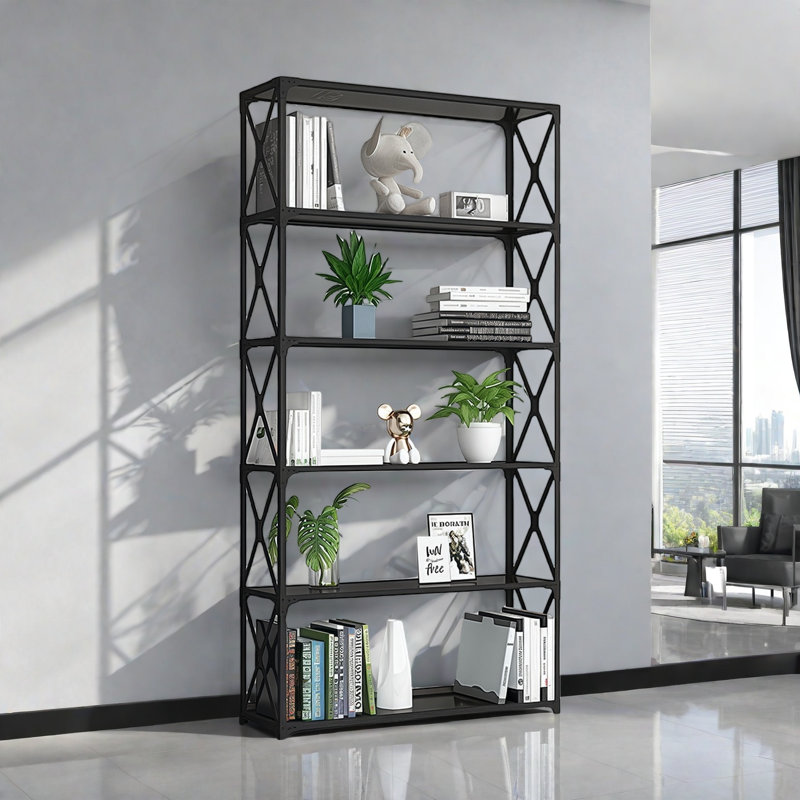 A simple and creative bookcase, (5 Shelves) 78.7"H x 35.4"W x 11.8"D, Black