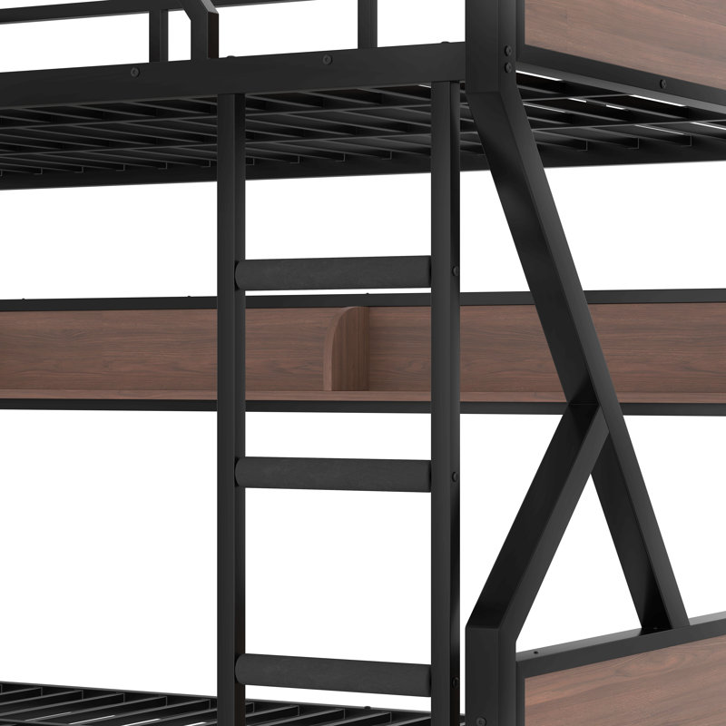 Queen Over Queen Bunk Bed, Metal Bunk Bed With Storage Shelves And Lights, Space-Saving & Noise-Free Design