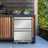 24-Inch Drawer Beverage Refrigerator, 150-Can Capacity, Stainless Steel Built-In or Freestanding Beer Cooler, Hidden Door Handle, 2 Grid Organizers, Swivel Casters