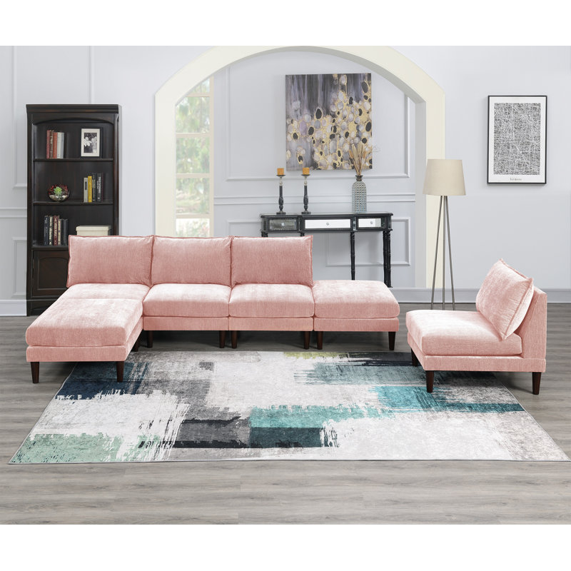 Angellina Upholstered L-Shaped Sectional Reversible, Blush Pink Polyester Blend