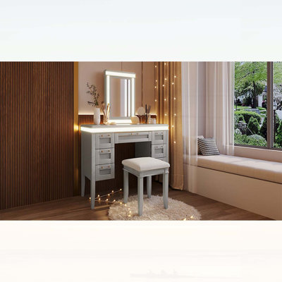 48 Inch Vanity Desk with LED Mirror, 7 Drawers, Cushioned Stool, and Eco-Friendly Design for Elegant Makeup and Storage