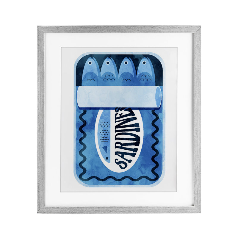 Reproduction sous verre moderne encadrée de sardines, par Lil 'Rue, H 16 po x l 13 po, Cadre de ferme gris