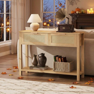 Entryway Table with 2 Drawers, Console Table for Entryway, Wood Sofa Table with Storage, Boho Console Table for Living Room, Hallway Foyer Table Home Furniture