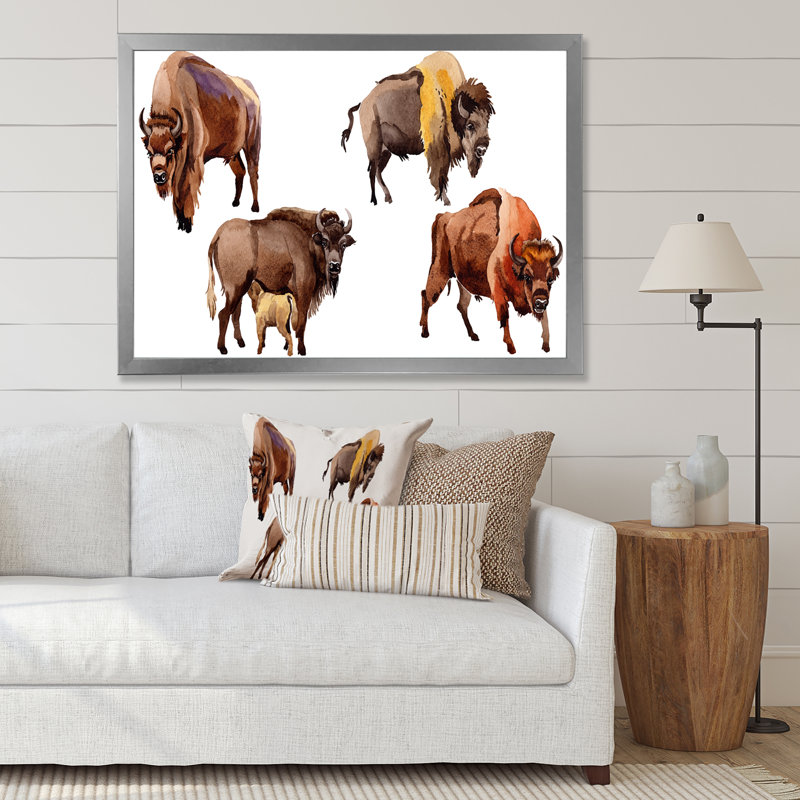Bison exotique - Peinture sur toile, H 35,5 po x l 45,5 po x P 1,5 po, Cadre argenté