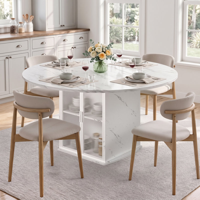 Table de salle à manger ronde de 120 cm (47,2 po) pour 4 à 6 personnes avec armoire de rangement, porte-verres à vin et emplacement pour mini-réfrigérateur en option