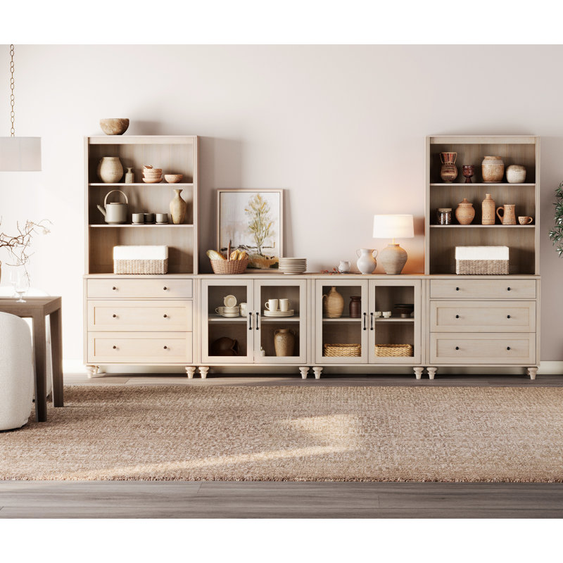 Sideboard Cabinet With Bar Hutch, Buffet Cabinet With 4 Glass Doors, 6 Drawers And 3 Tier Shelves, 135'', Light Beige
