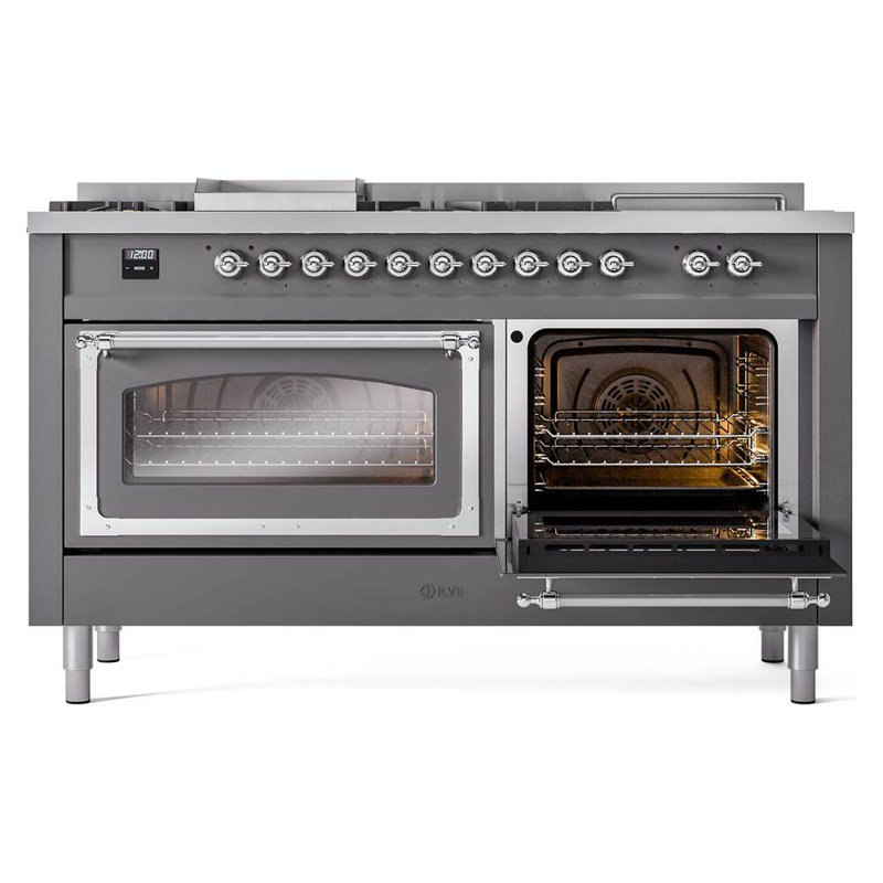 ILVE Nostalgie II Noblesse 60 in Dual Fuel Range 7 Burner, Griddle, Frenchtop, Graphite Matte/Chrome, Natural Gas