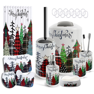 Ensemble 22 pièces d'accessoires de salle de bain Merry Christmas avec rideau de douche 72 po et tapis en mousse viscoélastique antidérapante 3 pièces