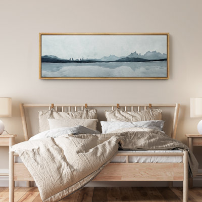 Abstract Navy Blue Mountain Lake Landscape Art Horizontal Panoramic Nature Living Room Decor