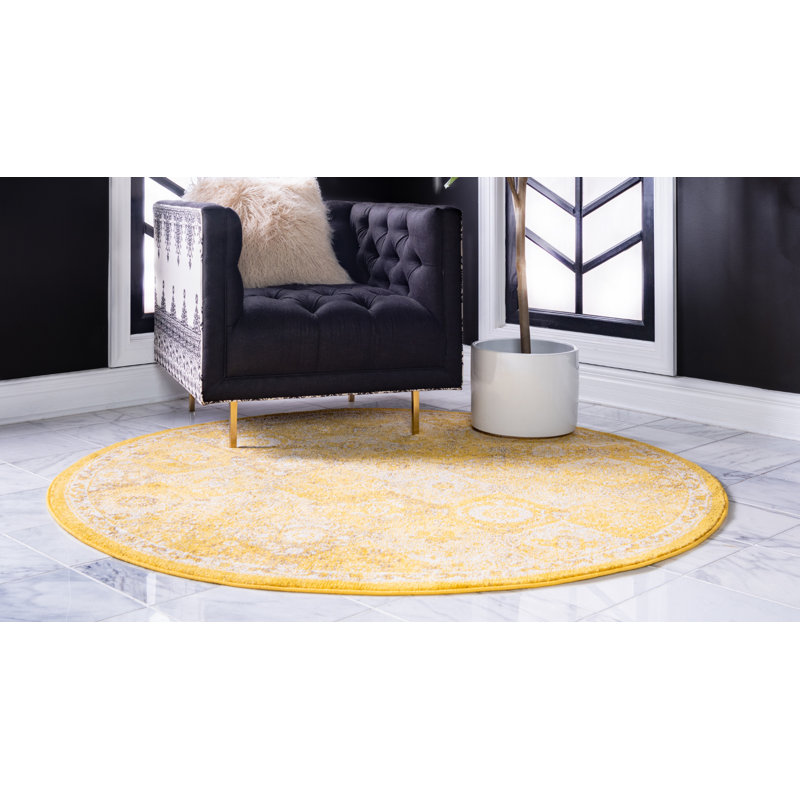 Tapis jaune à motif abstrait Kalf, Rond 6 pi 1 po