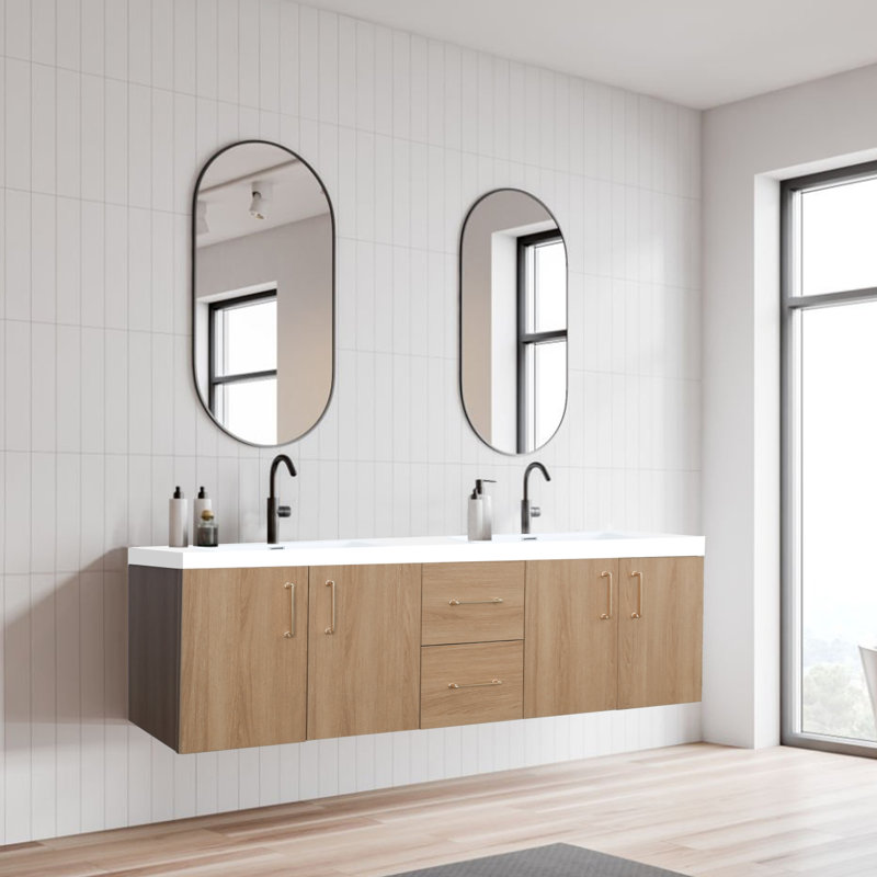 Elowen Wall Mounted Double Bathroom Vanity With Resin Top Basin, 60"
