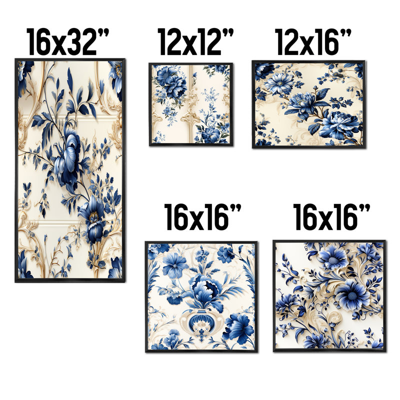 Cobalt Blue Ornamental Frames Victorian Pattern - Floral Canvas Prints Set Of 5, Black Floater Framed