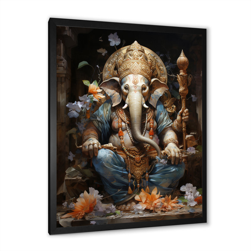 Impression sur toile encadrée, art indien gris doré, Cadre simple noir, H 20 po x l 12 po x P 1 po