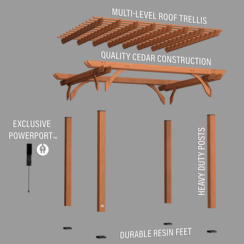 Ensemble de pergola d'extérieur en bois de cèdre 12 pi x 10 pi avec toit en treillis et PowerPort Backyard Discovery Beaumont