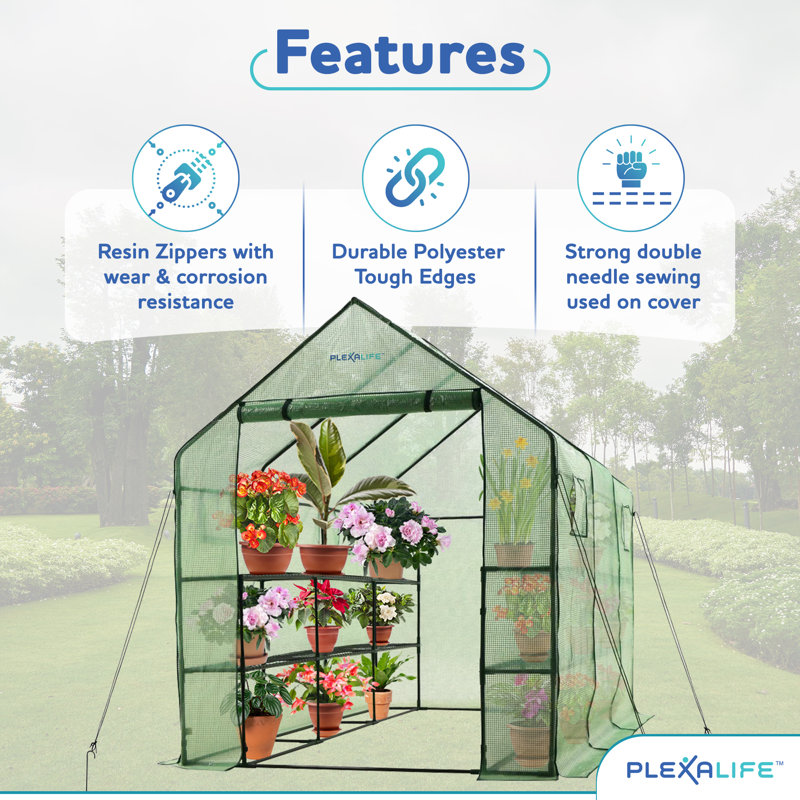 Plexalife Deluxe Walk-In Greenhouse with 2 Tiers and 12 Shelves - Green Cover