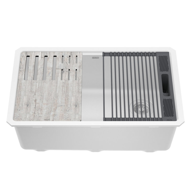 DELTA Everest™ 29" L Granite Composite Workstation Kitchen Sink Undermount Single Bowl with WorkFlow™ Ledge, White