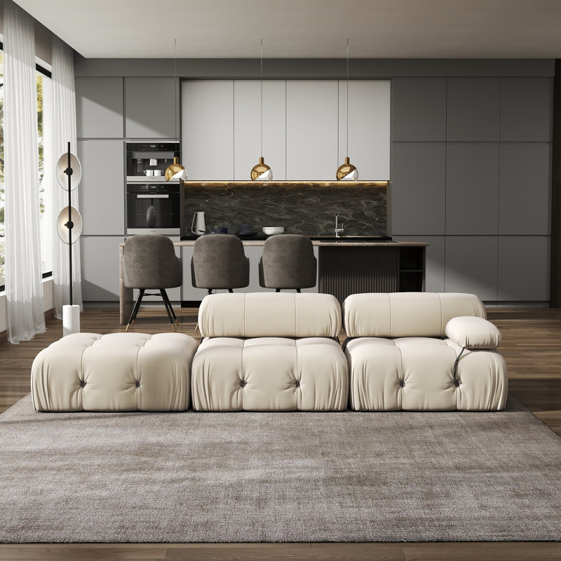 Cylar 3-Piece Upholstered Modern Velvet Modular Sofa With Ottoman, Beige