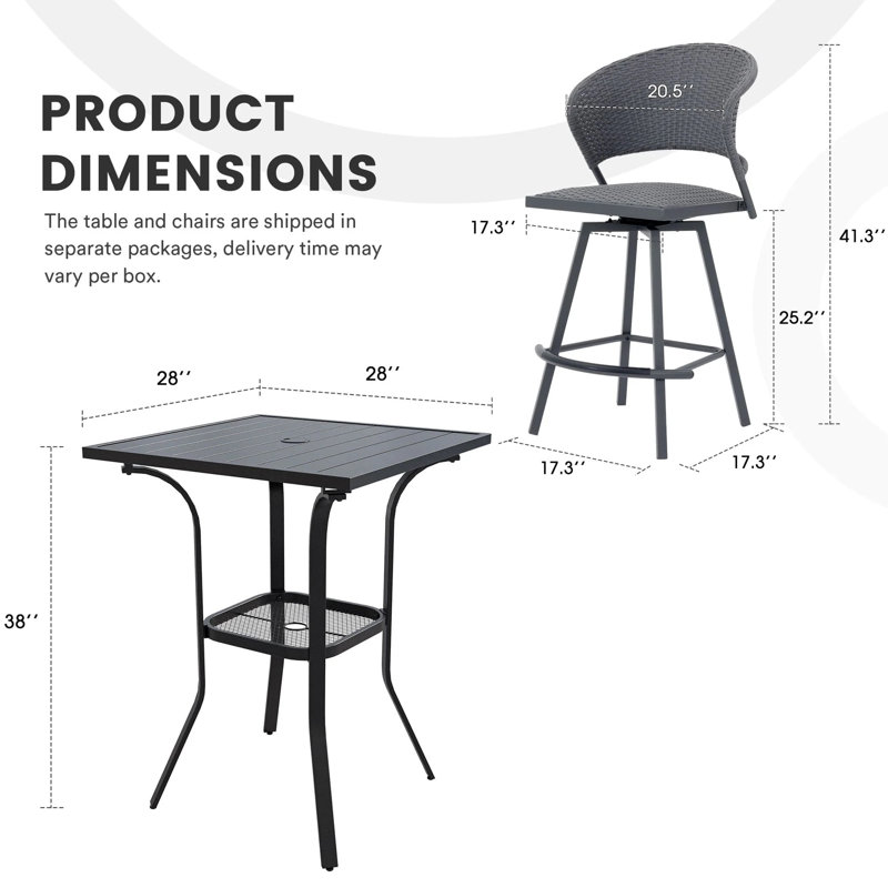 Ensemble de bar d'extérieur 3 pièces avec tabouret de bar Siwivel, Gris