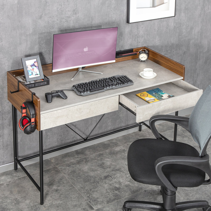Bureau d'ordinateur 48 po avec 2 tiroirs et quincaillerie en métal, Noyer / ciment