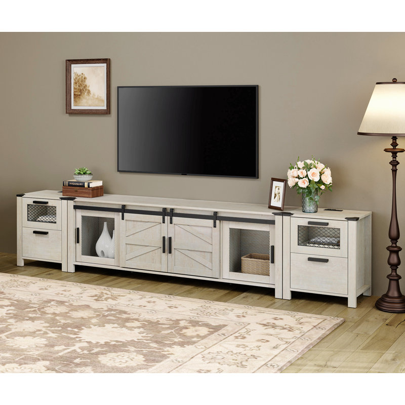 Tv Stand Set For Ups To 85 Inch Tv,Entertainment Center With Charging Station,Antique White