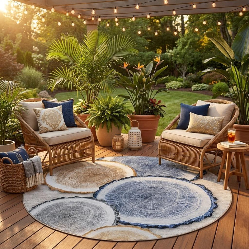 Tapis intérieur rond lavable antidérapant 8 pi beige et bleu