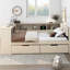 Lit plateforme double en bois avec tablettes de rangement, tiroirs, station de charge et tête de lit tapissier, crème-867434554-867434555