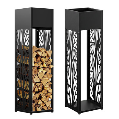 Tree of Life Decorative Heavy-Duty Steel Firewood Storage Rack with Planter Box for Indoor and Patio Use, 43.3" H