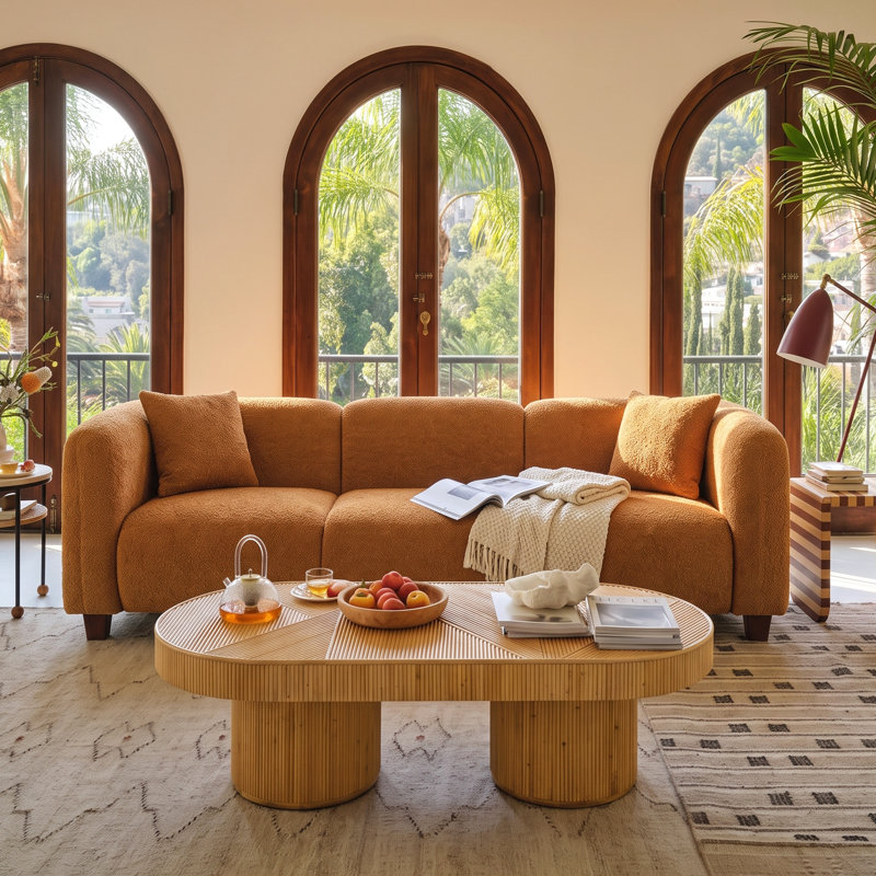 Canapé rembourré moderne à 3 places de 87 po avec assise profonde et pieds en bois massif Barton, Amber Boucle