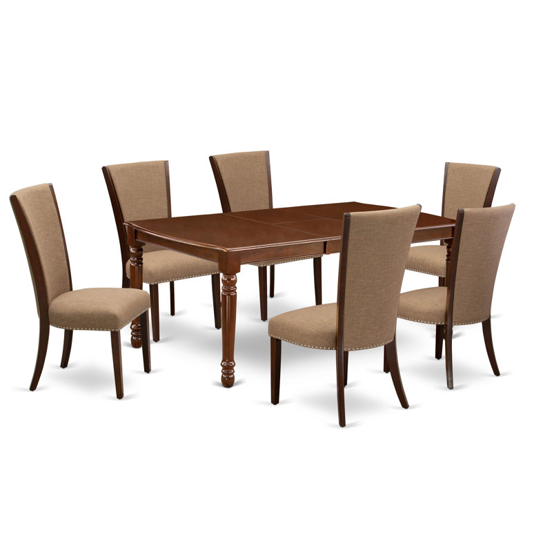 Ensemble de table de salle à manger 7 pièces composé d'une table de cuisine rectangulaire à feuilles de papillon et de 6 chaises Parsons en tissu de sable sable, acajou