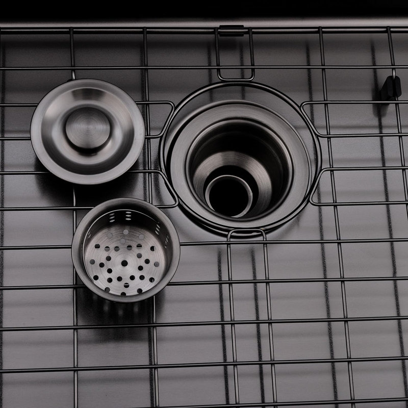 Évier de cuisine encastré noir 32 pouces à cuve simple profonde en acier inoxydable, grande échelle de calibre 16 noir industriel à zéro rayon de bronze industriel avec égouttoir et grille inférieure