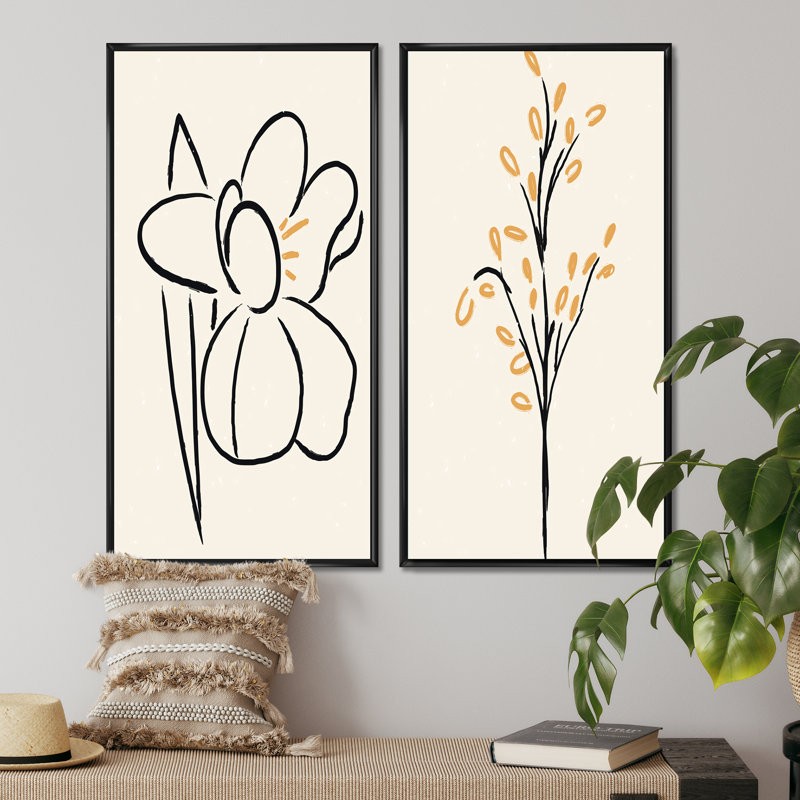 Ensemble de 2 peintures - Silhouettes sombres de plantes en crème II, H 20 po x l 24 po x P 1 po, Toile avec cadre noir