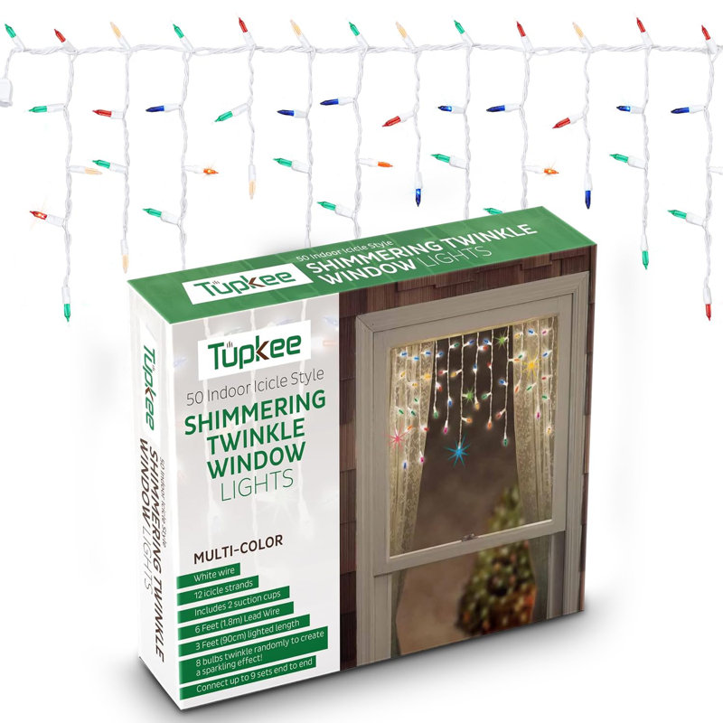 Tupkee Shimmering Twinkle Window Icicle Lights - 3 Feet (0.91 M), 8 Of 50 Lights Twinkle - 50 Red-Green-Clear Incandescent Bulbs - Random Twinkle Christmas Window Icicle Lights - Indoor Outdoor