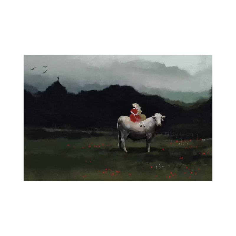 Filles sur la vache par Aniko Salamon - peinture sur toile tendue, H 26 po x l 40 po x 1,5 po