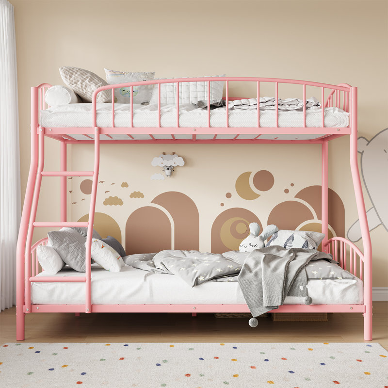 Space-Saving Twin Over Full Metal Bunk Bed - Heavy Duty Steel Frame with Ladder & Arched Guardrail - Sturdy Slats, Safe for Kids & Teens, No Box Spring Needed,Pink (2-Parcel sent)