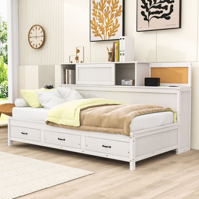 Wood Daybed with Drawers, Shelves, Sockets and USB Ports