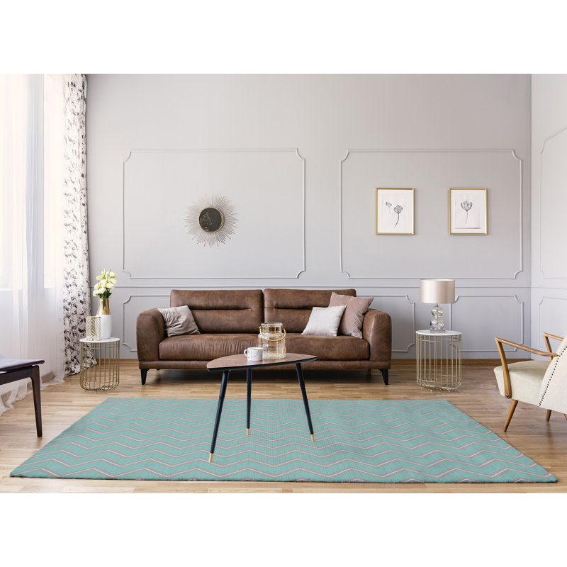 Tapis bleu/gris à chevrons à main, Rectangle 5 pi x 7 pi
