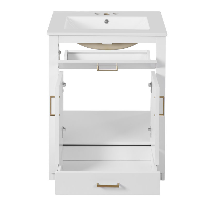 24" Modern Single Bathroom Vanity With Integrated Ceramic Sink, Tip-Out Drawer, MDF Cabinet With Chevron Details, White