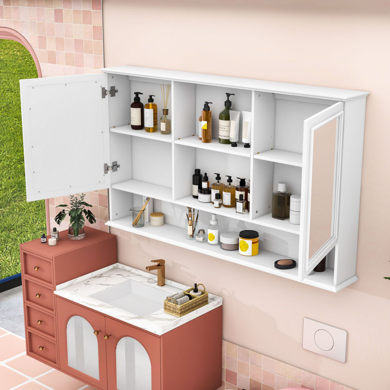 Armoire à pharmacie de salle de bain avec tablettes ajustables en miroir et rangement ouvert, White