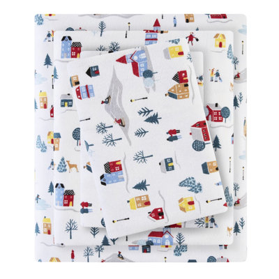 Ensemble de draps 4 pièces 4 pièces avec imprimé village blanc, flanelle 100% coton, doux au toucher, comprend un drap plat, 2 taies d'oreiller ajustées, lavable à la machine, en flanelle pour dormir,