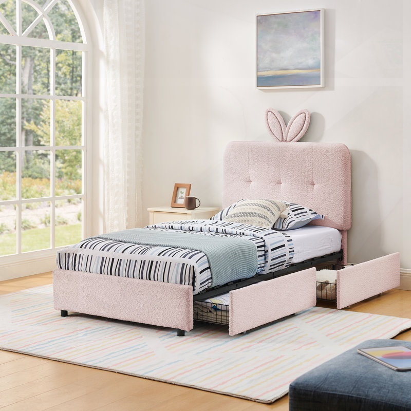 Lit simple tapissier avec tête de lit surdimensionnée, lumière DEL et 4 tiroirs de rangement; Ensemble de lattes, tissu bouclé