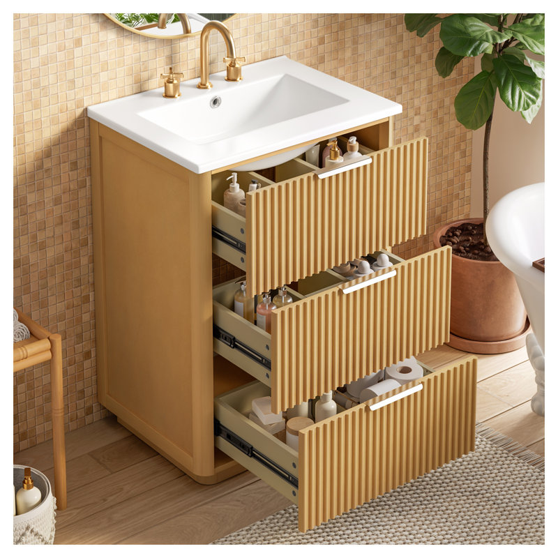 Meuble-lavabo en bois naturel de 24 po avec lavabo en céramique et rainure verticale