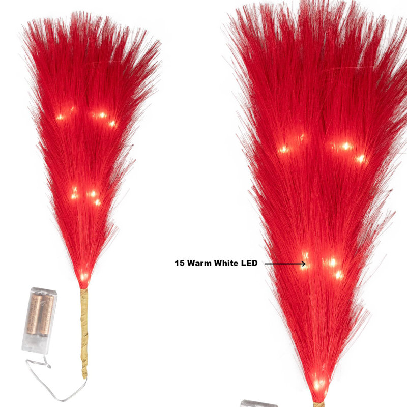 45cm Prelit Pampas Grass with Warm White LEDs, Battery-Operated Artificial Christmas Room Decoration, Red