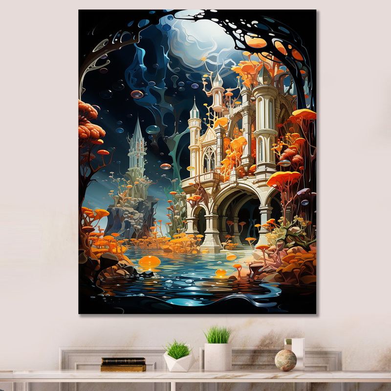 Mahima, surréalisme, le château submergé sur toile, Toile tendue, H 32 po x l 24 po x P 1 po