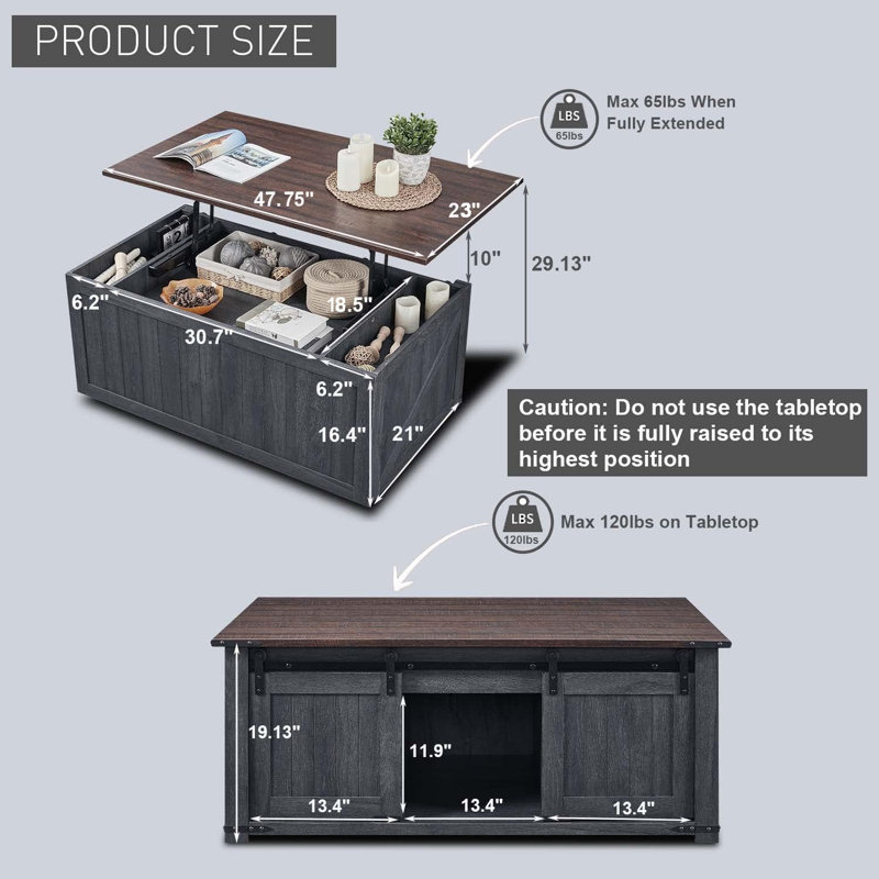 Vianor  48” Lift Top Coffee Table with Storage, Dark Grey