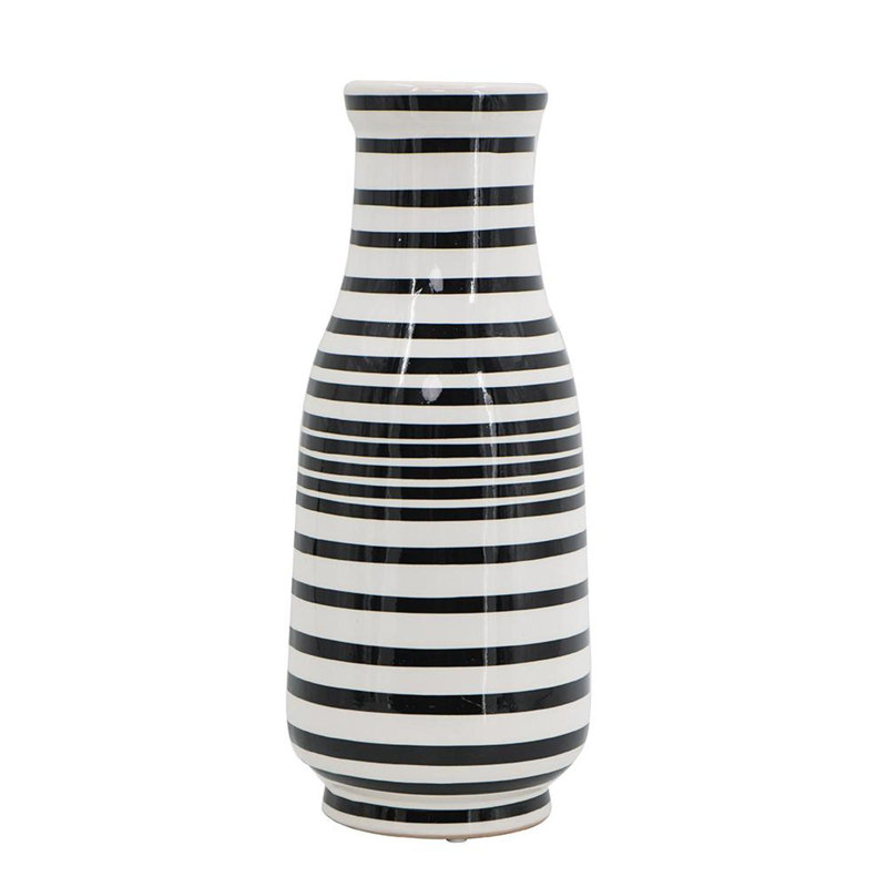 18" Black And White Hand Painted Stripe Ceramic Table Vase