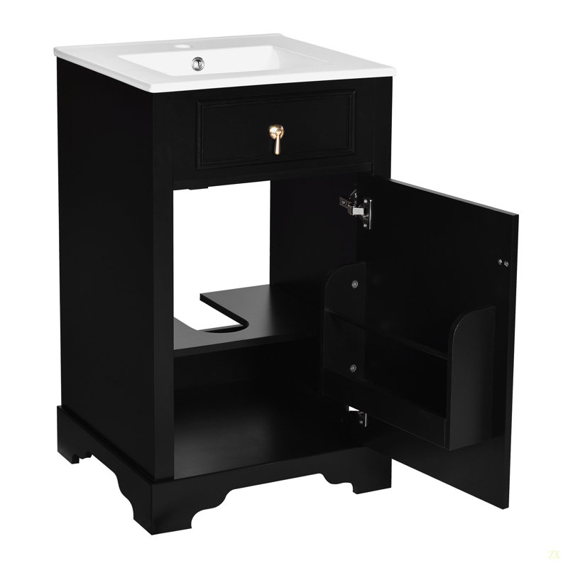 Meuble-lavabo de 20 pouces avec lavabo en céramique, porte à fermeture douce, tablette réglable et support de rangement fixé à la porte - idéal pour les petites salles de bain